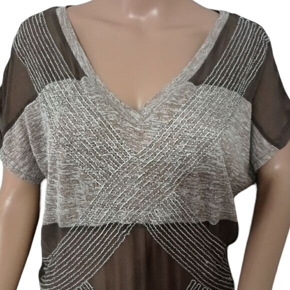 Y2K MISS ME Sheer Beaded Top S Short Sleeve Striped Relaxed V Neck Jersey Knit. - Picture 7 of 16